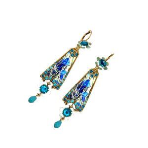 Michal Negrin Vintage Style Blue Floral Crystal Drop Earrings Iris  3"